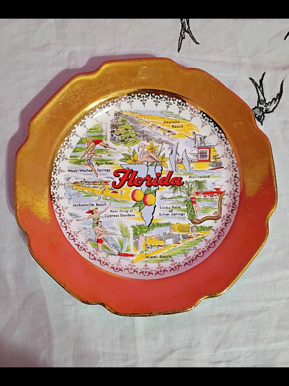 Florida Vintage Decorative Souvenir Plate with Gold Rim